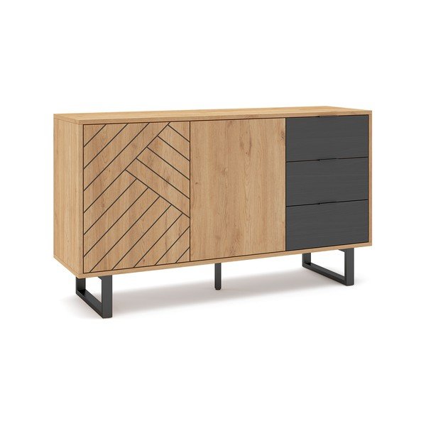 Antracīta pelēka/dabīga toņa zema kumode ar ozolkoka imitāciju 140x80 cm Madona – Marckeric-image-2