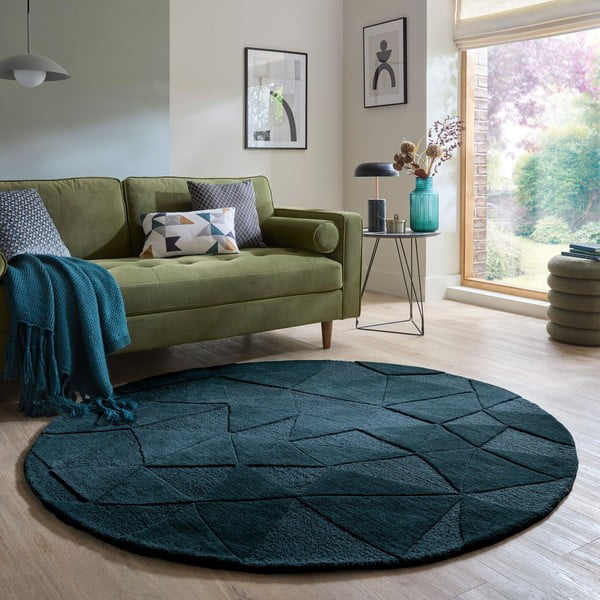 Zilganzaļš ar rokām darināts vilnas apaļš paklājs ø 160 cm Shard Teal – Flair Rugs-image-1