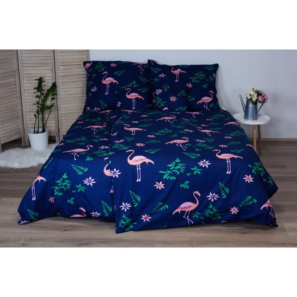 Tumši zila kokvilnas gultasveļa Cotton House Flamingo, 140 x 200 cm