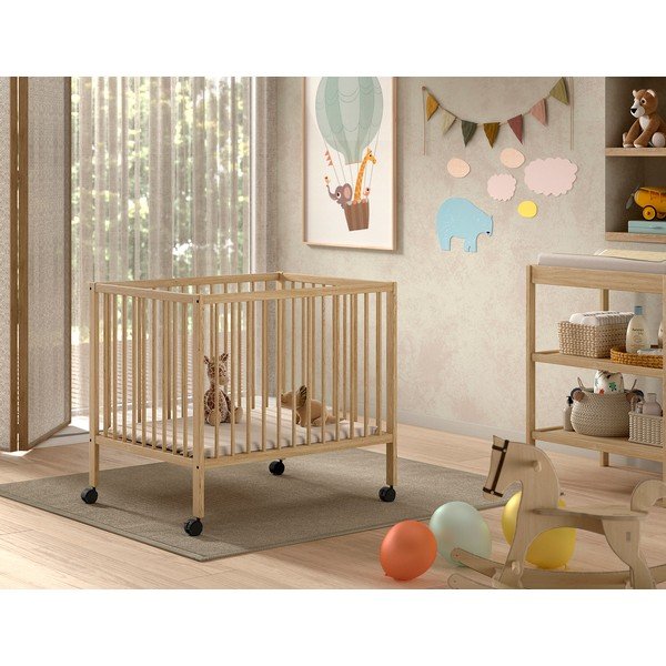 Dabīga toņa dižskābarža masīvkoka bērnu sētiņa ar regulējamu augstumu/ar riteņiem 95x75 cm Dino – Vipack-image-1