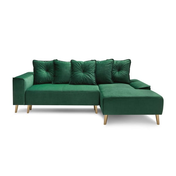 Zaļa samta dīvāns ar zeltainām kājām Bobochic Paris Hera, labais stūris