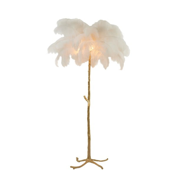 Balta/zelta krāsas stāvlampa ar spalvu abažūru (augstums 180 cm) Feather – Light & Living