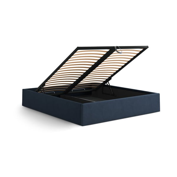 Tumši zila polsterēta divvietīga gulta ar veļas kasti/bez galvgaļa ar redelēm 160x200 cm Susan – Micadoni -image-3