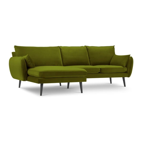 Zaļš samta stūra dīvāns ar melnām kājām Kooko Home Lento, kreisais stūris