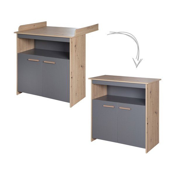 Antracīta pelēka/dabīga toņa bērnu kumode ar ozolkoka imitāciju un pārtinamo galdiņu 88x98x75 cm Anna – Roba-image-2