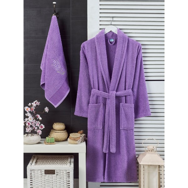 Violets kokvilnas halāta un dvieļa komplekts S/M – Mila Home