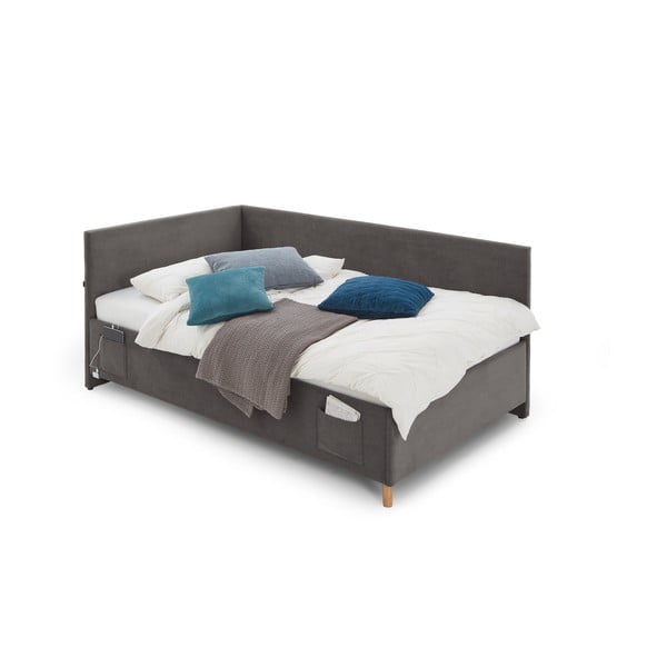 Antracīta pelēka polsterēta stūra bērnu gulta ar veļas kasti ar redelēm 140x200 cm Cool – Meise Möbel-image-2