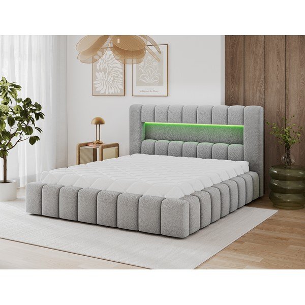 Pelēka polsterēta divvietīga gulta ar veļas kasti ar redelēm 160x200 cm Lamica – ELTAP-image-1