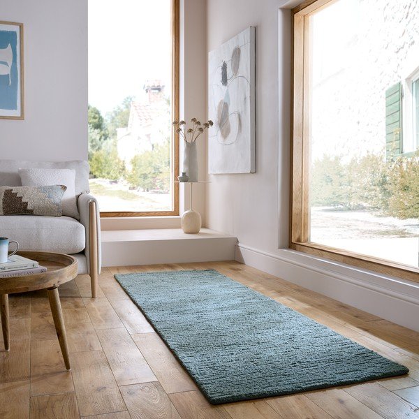 Dūmakaini zils ar rokām darināts vilnas celiņa paklājs 80x230 cm Harris Boucle – Flair Rugs-image-1