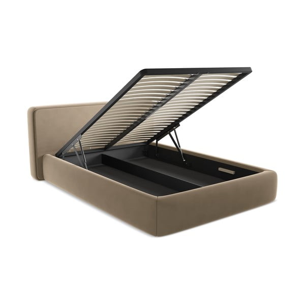 Gaiši brūna polsterēta divvietīga gulta ar veļas kasti un redelēm 180x200 cm Kiana – Makamii-image-3