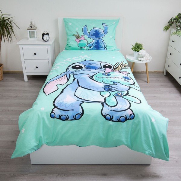 Piparmētru zaļa kokvilnas bērnu gultas veļa 140x200 cm Lilo & Stitch "Buddies" – Jerry Fabrics-image-1