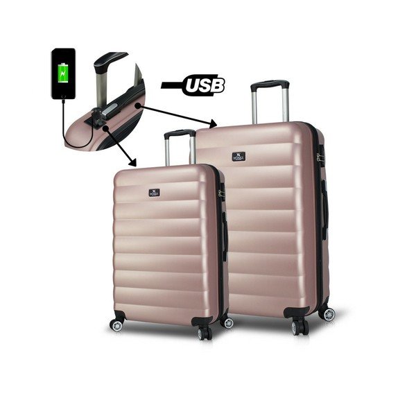 2 rozā ceļojuma koferi uz riteņiem ar USB pieslēgvietām My Valice RESSNO Lieli un vidēji lieli-image-1