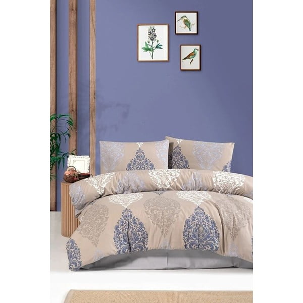 Zila/bēša divvietīga/īpaši gara kokvilnas gultas veļa ar palagu 200x220 cm – Mila Home