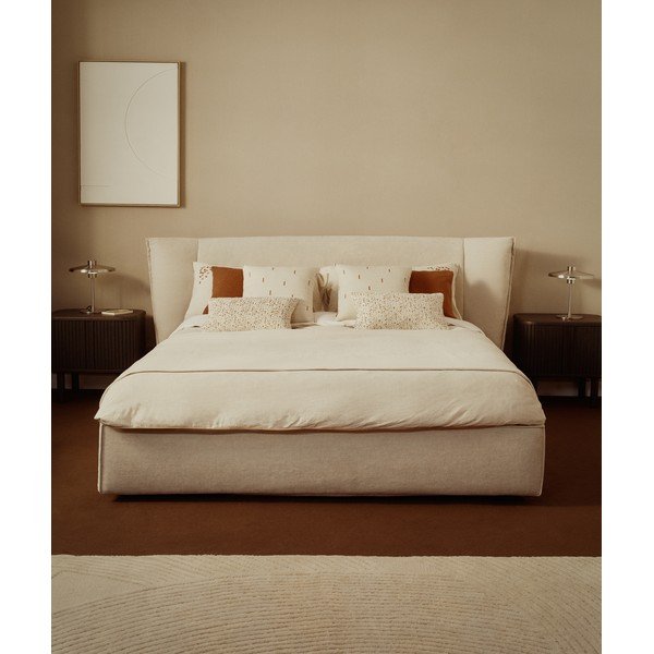 Bēša polsterēta divvietīga gulta no šenila ar veļas kasti ar redelēm 160x200 cm Arvian – Kave Home-image-1
