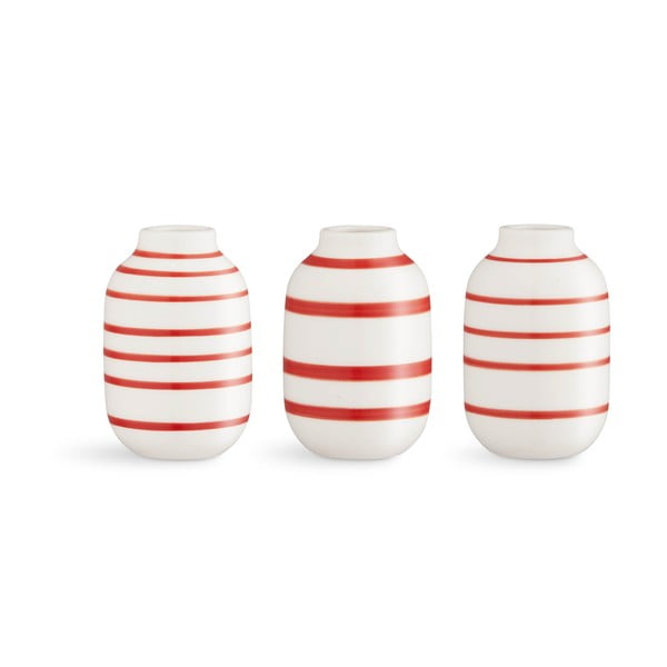 3 balti sarkanu svītrainu porcelāna vāžu komplekts Kähler Design Omaggio