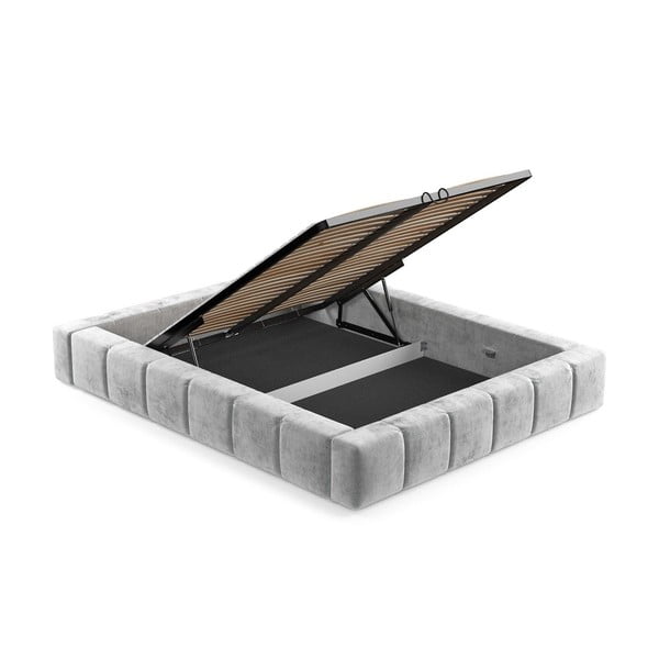 Gaiši pelēka polsterēta divvietīga gulta ar veļas kasti un redelēm 180x200 cm Aruba L – Maison de Rêve-image-3