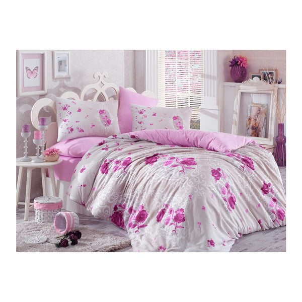 Kokvilnas gultasveļa ar palagu divguļamai gultai Matilde Purple, 200 x 220 cm