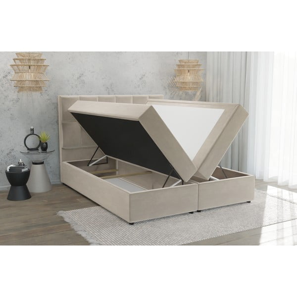 Bēša atsperu gulta ar veļas kasti 200x200 cm Flip – Ropez-image-3