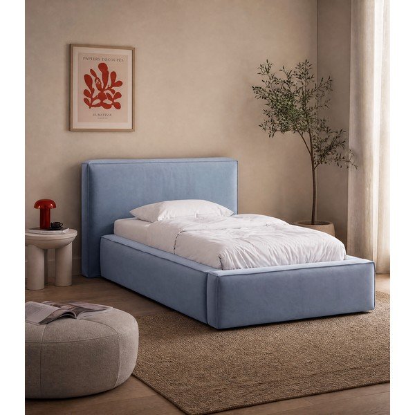 Gaiši zila polsterēta vienvietīga gulta ar veļas kasti un redelēm 90x200 cm Jodie – Micadoni -image-1