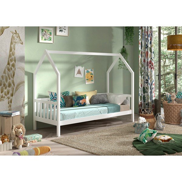 Balta priedes masīvkoka bērnu gulta mājas formā ar redelēm 90x200 cm Cabane – Vipack-image-1