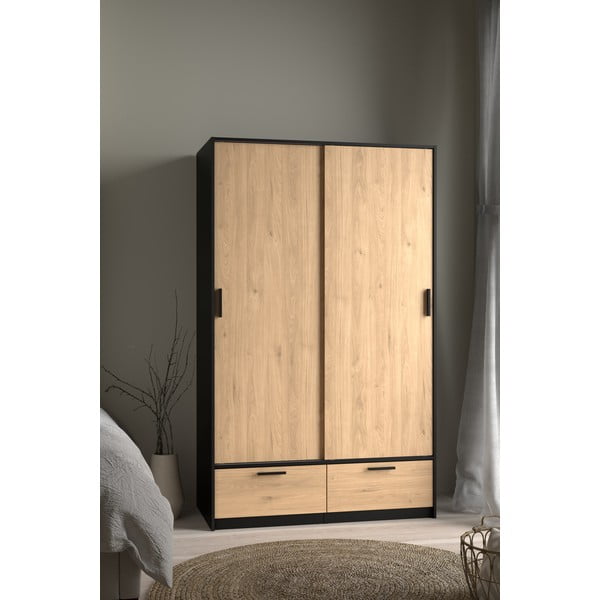 Melns/dabīga toņa drēbju skapis ar ozolkoka imitāciju ar bīdāmām durvīm 121x200 cm Line – Tvilum-image-3