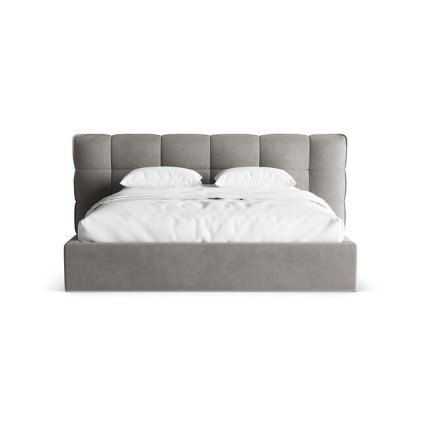 Pelēka polsterēta divvietīga gulta ar veļas kasti un redelēm 200x200 cm Eric – Micadoni -image-4