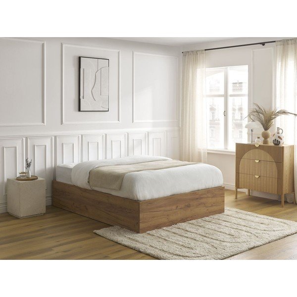 Brūna divvietīga gulta no skaidu plāksnēm ar bērza koka imitāciju ar veļas kasti/bez galvgaļa ar redelēm 140x190 cm Mara – Bobochic Paris-image-1