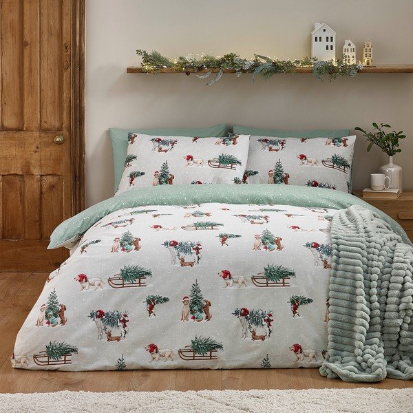Zaļa/dabīga toņa divguļamā flaneļa gultas veļa 200x200 cm Brushed Christmas Dogs – Catherine Lansfield-image-2