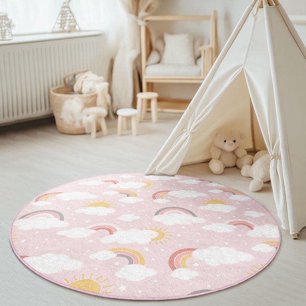 Rozā mazgājams bērnu paklājs ø100 cm Rainbow World – Mila Home-image-1