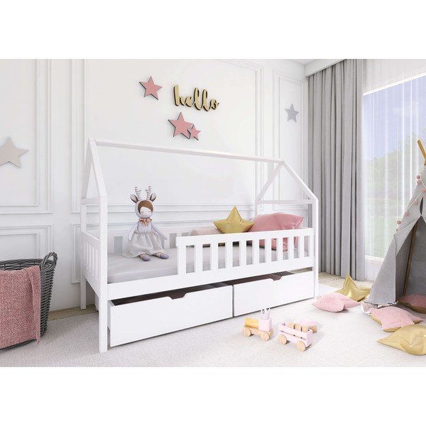 Balta gulta no priedes koka ar jumtiņu un glabāšanas vietu 70x160 cm Domi – Lano Meble-image-2