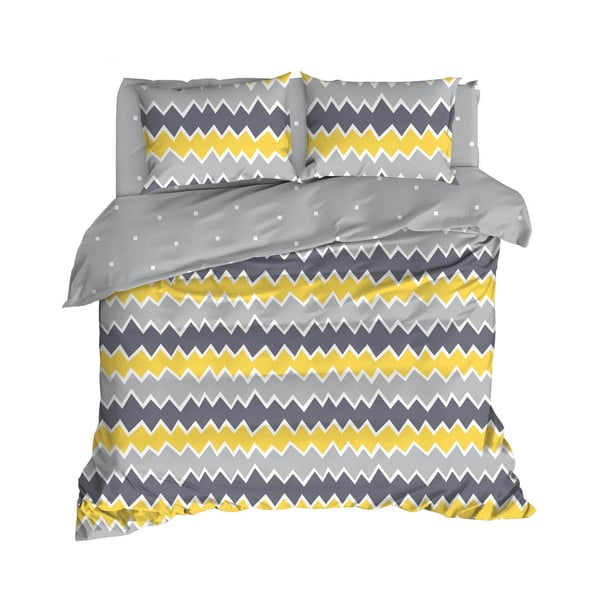 Dzeltena/pelēka pagarinātā kokvilnas gultas veļa divguļamai gultai ar palagu un segas pārvalku 240x260 cm Zigros – Mijolnir