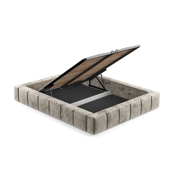 Bēša polsterēta divvietīga gulta ar veļas kasti un redelēm 200x200 cm Aruba L – Maison de Rêve-image-4