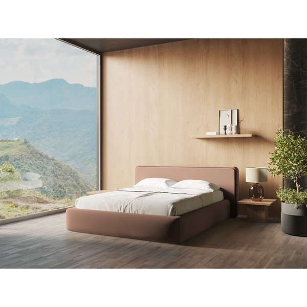 Gaiši rozā polsterēta divvietīga gulta ar veļas kasti un redelēm 160x200 cm Kiana – Makamii-image-1