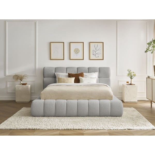 Gaiši pelēka polsterēta divvietīga gulta ar veļas kasti un redelēm 180x200 cm Mont Blanc – Bobochic Paris-image-1