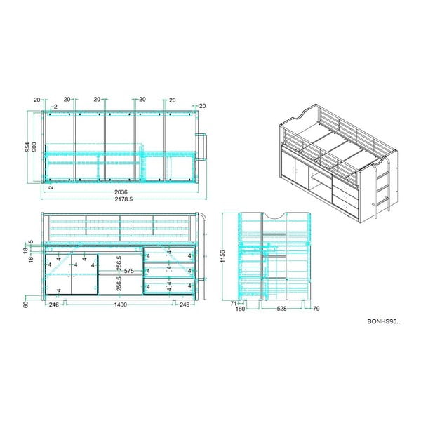 Balta/pelēka paaugstināta bērnu gulta ar veļas kasti un redelēm 90x200 cm Bonny – Vipack-image-2