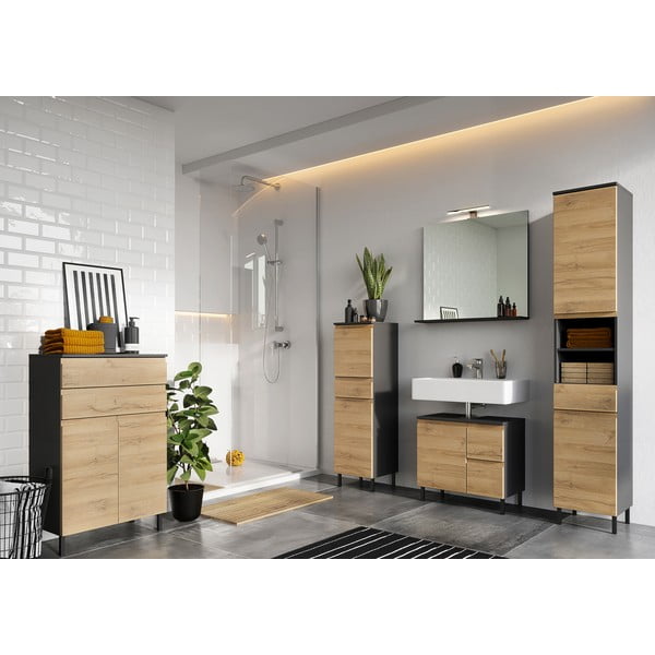 Tumši pelēks augsts vannas istabas skapītis ar ozolkoka imitāciju 34x190 cm Salinas – Germania-image-3