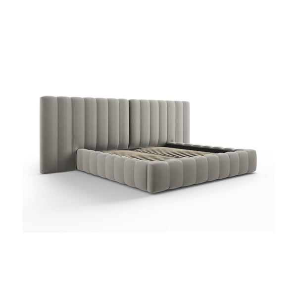 Pelēka polsterēta divvietīga gulta ar veļas kasti un režģi 180x200 cm Gina – Milo Casa