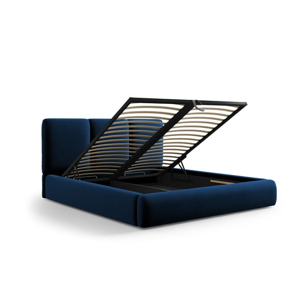 Tumši zila samta polsterēta divvietīga gulta ar veļas kasti un redelēm 140x200 cm Brody – Mazzini Beds-image-3