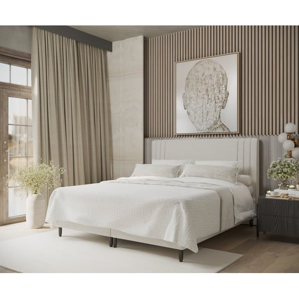 Bēša polsterēta divvietīga gulta ar veļas kasti 200x200 cm Musca – Maison de Rêve-image-1