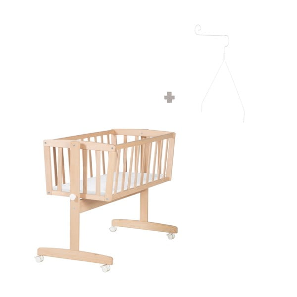 Dabīga toņa dižskābarža masīvkoka šūpulītis ar riteņiem/ar baldahīnu 40x90 cm Adam and Owl – Roba-image-4