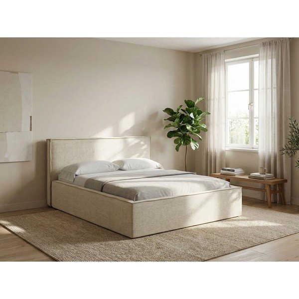 Zaļa polsterēta divvietīga gulta ar veļas kasti un redelēm 140x200 cm Anani – Makamii-image-1