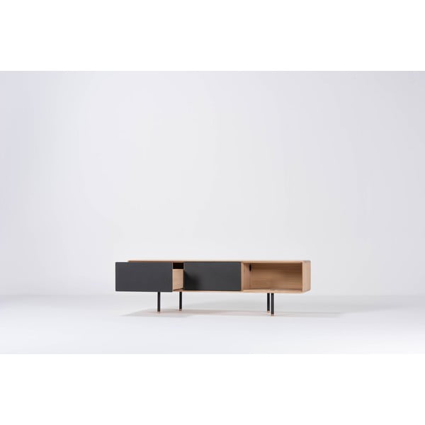 Melns/dabīga toņa ozola masīvkoka TV galdiņš 160x48 cm Fina – Gazzda-image-1