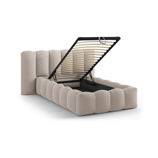 Gaiši brūna polsterēta vienvietīga gulta ar veļas kasti un redelēm 90x200 cm Lupine – Micadoni -image-1