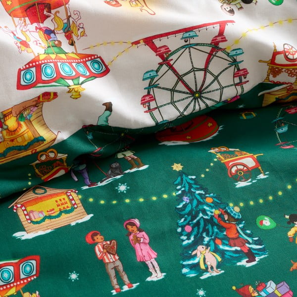 Zaļa divguļamā kokvilnas bērnu gultas veļa 200x200 cm Christmas Fairground – Belle & Boo-image-4