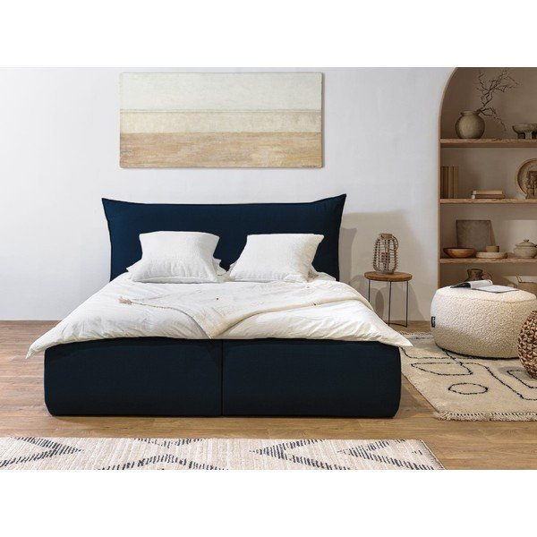 Tumši zila polsterēta divvietīga gulta ar veļas kasti ar redelēm 180x200 cm Jade – Bobochic Paris-image-1