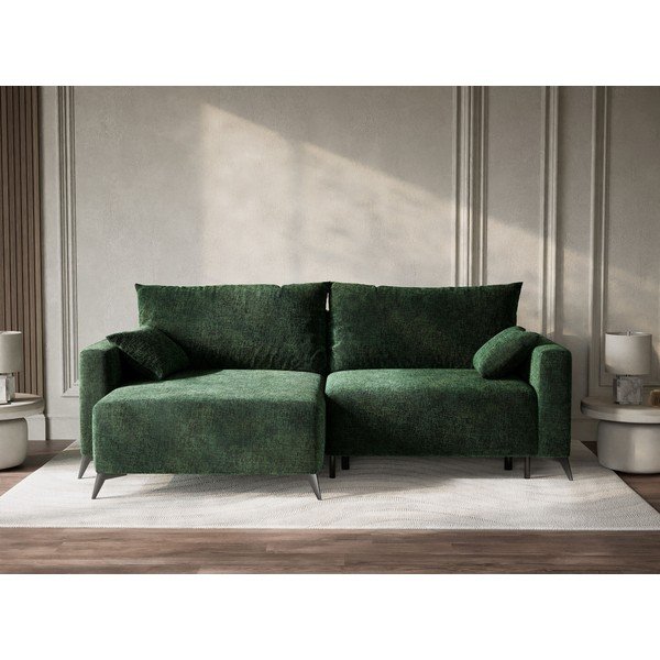 Tumši zaļš salokāms stūra dīvāns no šenila auduma ar uzglabāšanas vietu (ar kreiso stūri/ar zvilni) Leon – Maison de Rêve-image-1