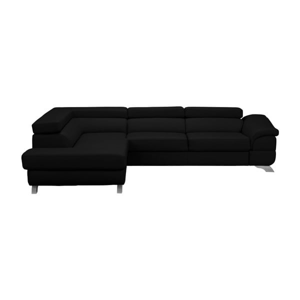 Melns ādas stūra dīvāns ar uzglabāšanas vietu Windsor & Co Sofas Gamma, kreisais stūris