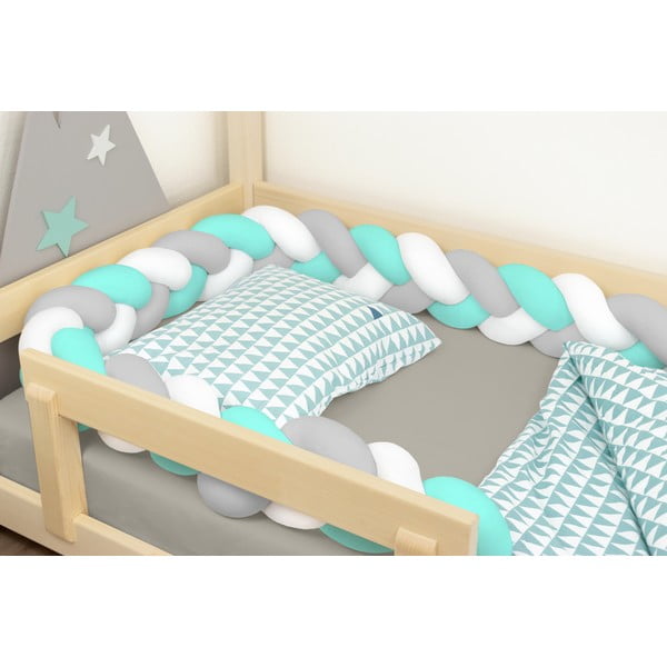 Balta-pelēka-piparmētru zaļa aizsargājošā apmale bērnu gultiņai Benlemi Jersey, garums 350 cm