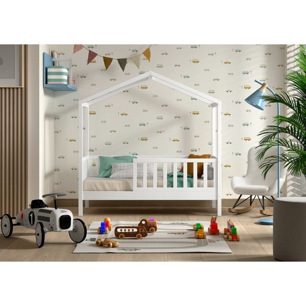 Balta priedes masīvkoka bērnu gulta mājas formā ar redelēm 70x140 cm DALLAS – Vipack-image-1