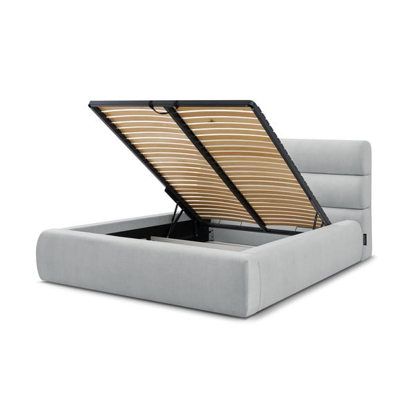 Gaiši pelēka polsterēta divvietīga gulta ar veļas kasti un režģi 180x200 cm Jagna – Bobochic Paris-image-4